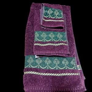 Vtg Santens Towel Set Purple & Green Gold Embroidered Dark Romance Goth Decor
